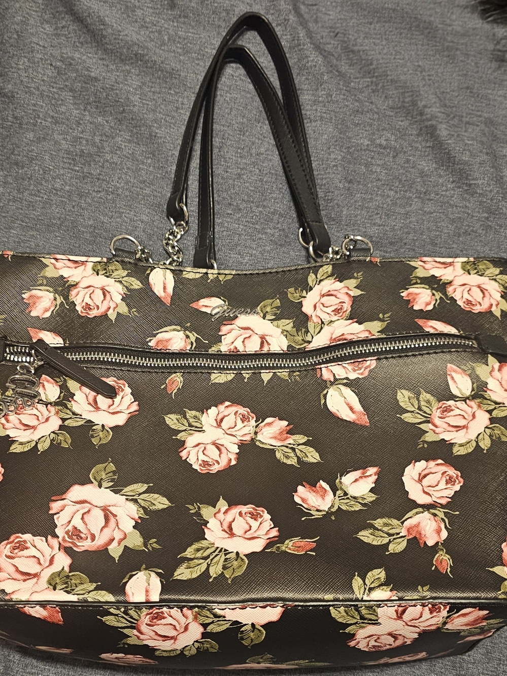 GUESS Rose Print Tote Bag in Black and Pink With Large Wristlet